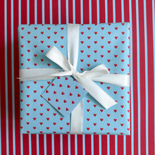 Load image into Gallery viewer, Blue with Red Hearts Wrapping Paper and Tags
