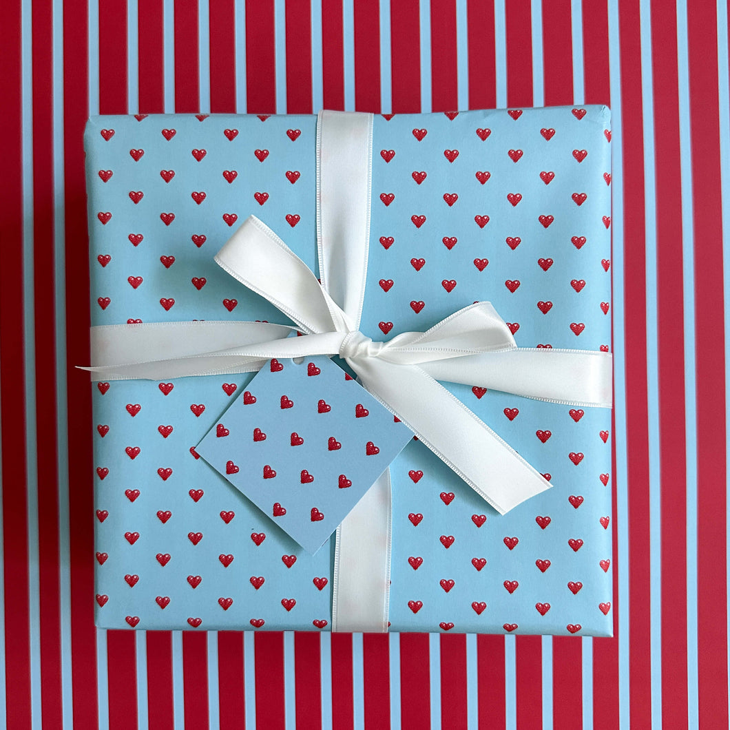 Blue with Red Hearts Wrapping Paper and Tags