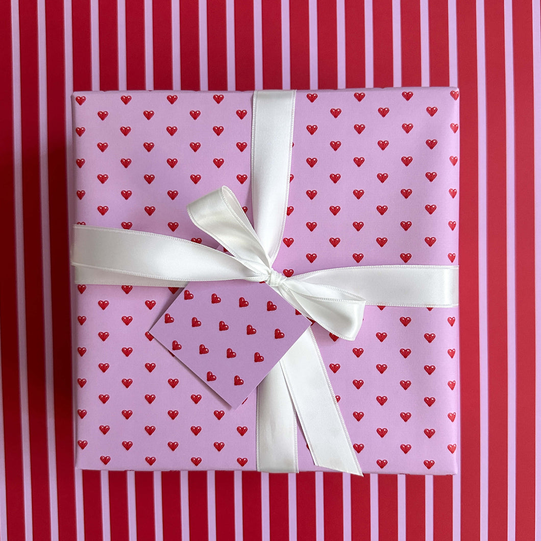 Lavender with Red Hearts Wrapping Paper and Tags